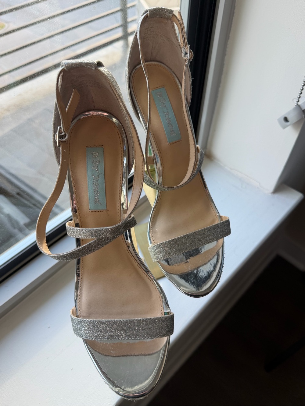 Betsey Johnson Silver Glitter Strappy Heels — Size 9.5